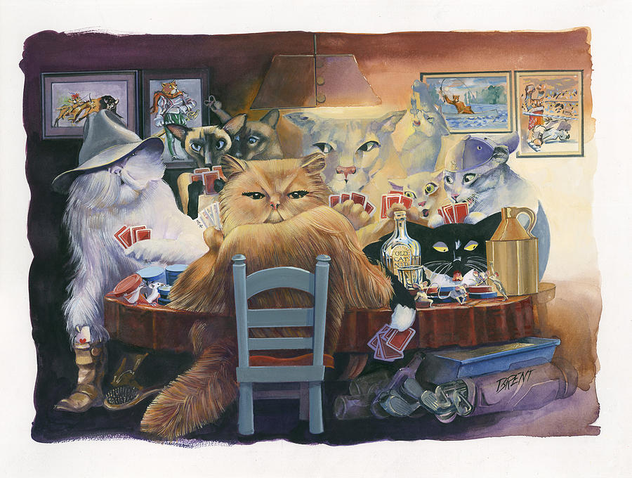 900x680 Tough Cats Playing Poker Painting By Robert Brent - Cats Playing Cards Painting