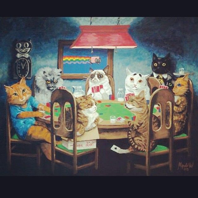 640x640 Grumpy Cat Around The Table With Other Cats Playing Cards Cute - Cats Playing Cards Painting