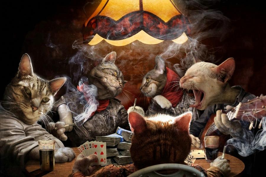 900x600 Cat Paintings Cats Love Life - Cats Playing Cards Painting
