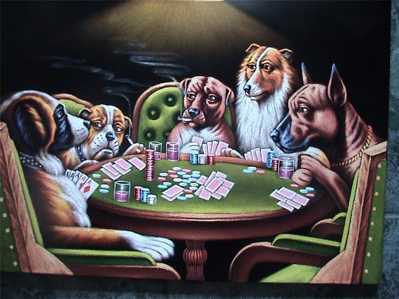 570x428 Dogs Playing Poker Black Velvet Oil Painting Handpainted Signed - Cats Playing Poker Painting