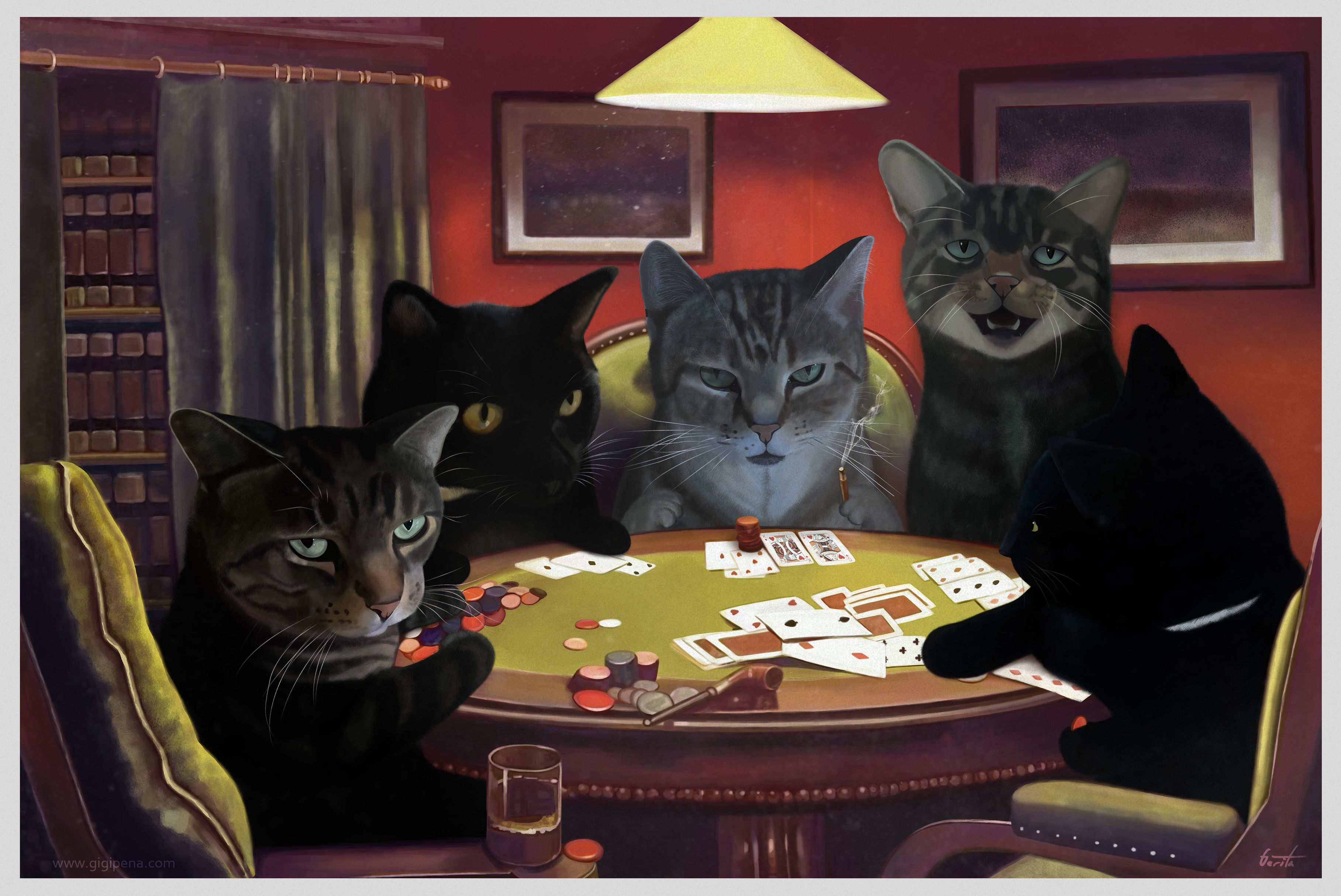 3634x2428 I Recently Completed This Digital Painting Titled My Cats Playing - Cats Playing Poker Painting