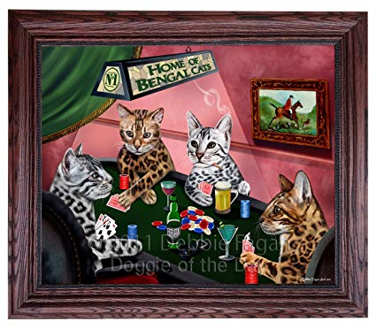 425x372 Home Of Bengal Cats 4 Dogs Playing Poker Framed Canvas - Cats Playing Poker Painting