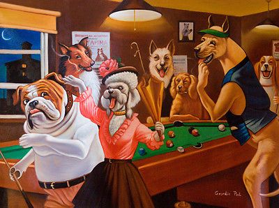 400x298 4 Unframed Comical Print Of Dogs Playing Pool By Arthur Sarnoff - Cats Playing Pool Painting