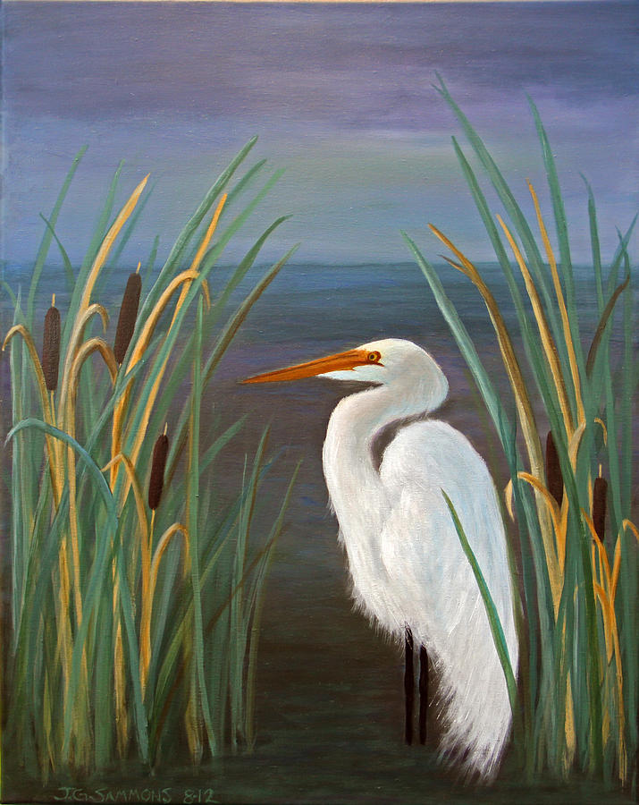 715x900 Egret In Cattails Painting By Janet Greer Sammons - Cattails Painting