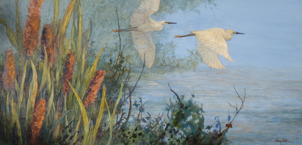 1000x481 Egret And Cattails Painting Floy Zittin Watercolors - Cattails Painting