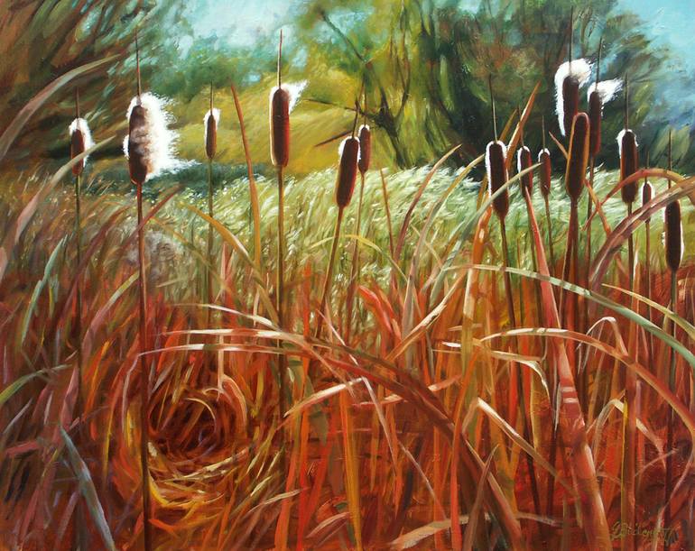 770x611 Saatchi Art Meadow Series Cattails Painting By Gina Blickenstaff - Cattails Painting