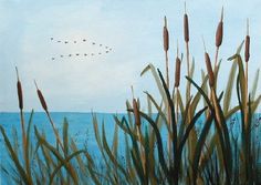 236x167 Painted Wall Mural Ducks Ducklings Pond Cattails Bathroom Phoenix - Cattails Painting