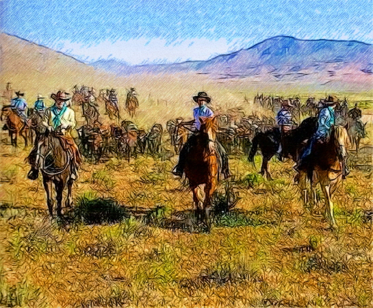 545x450 Reno Rodeo Cattle Drive By T Douglas Painting - Cattle Drive Painting
