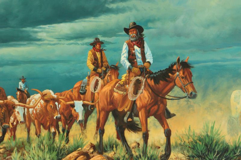 800x531 Roger Iker Longhorn Cattle Drive Oil Painting - Cattle Drive Painting