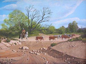 300x224 Texas Cattle Drive Painting By Charolette A Coulter - Cattle Drive Painting