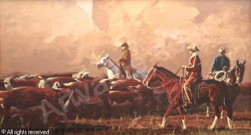 500x269 White Face Cattle Drive Sold By Altermann Galleries, Santa Fe, - Cattle Drive Painting