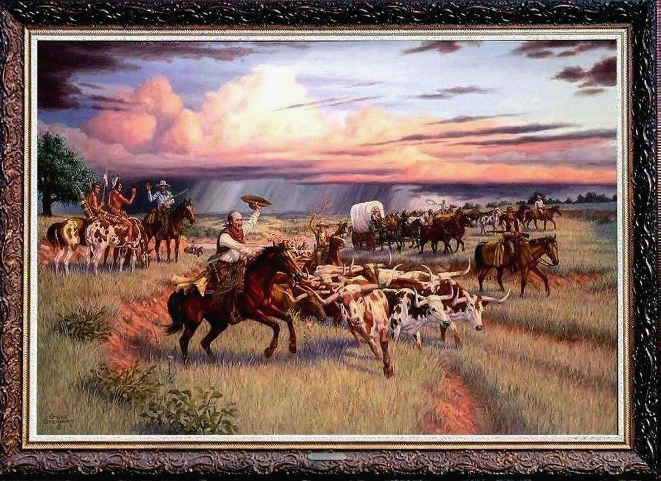 1327x965 A Day The Chisholm, Oil Painting Of Longhorn Cattle Drive - Cattle Drive Painting