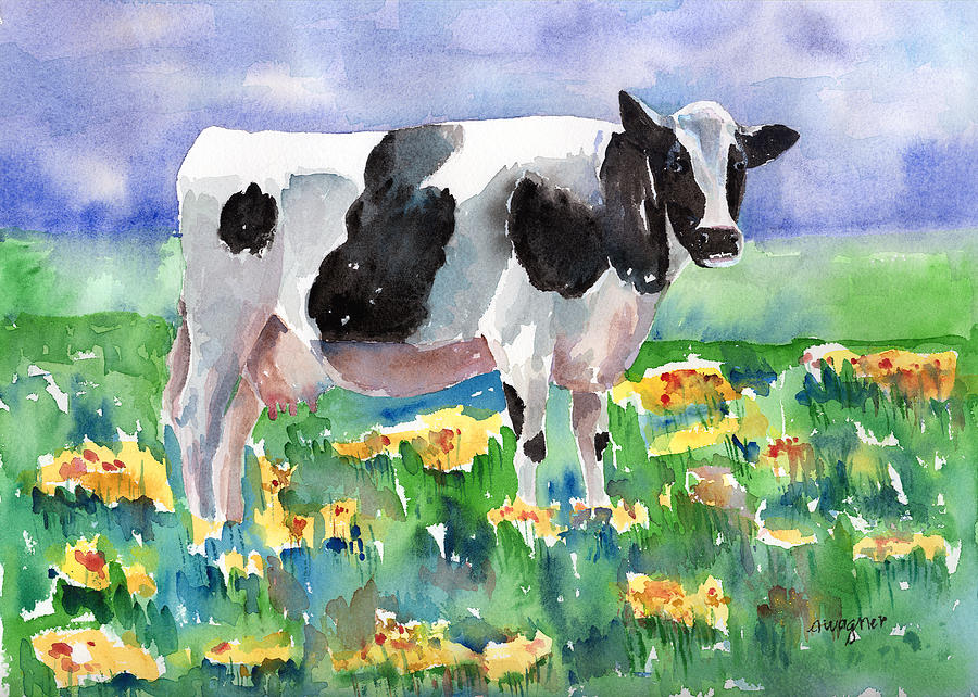 900x642 Cow In The Meadow Painting By Arline Wagner - Cattle Painting