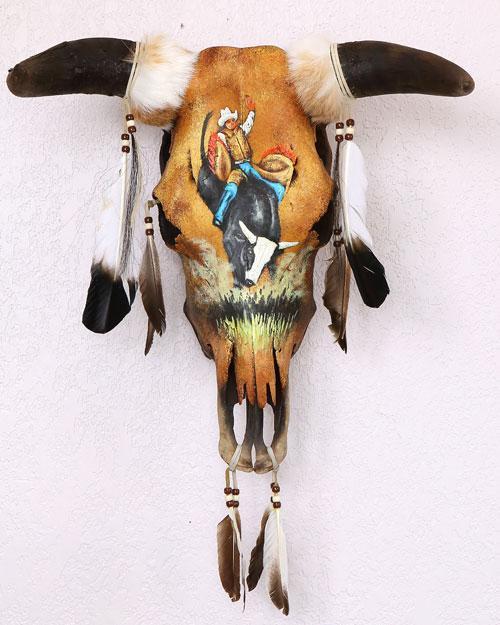 500x625 Handpainted Cow Skull Bull Rider El Paso Saddleblanket - Cattle Skull Painting