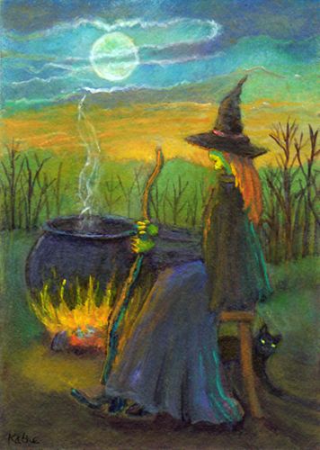 356x500 Early Evening Repose' By Kathe Soave, Aceo Witch Moon Cat Cauldron - Cauldron Painting