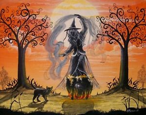 300x236 Folk Art Halloween Solitary Witch Cauldron Cats Moon Magick Trees - Cauldron Painting