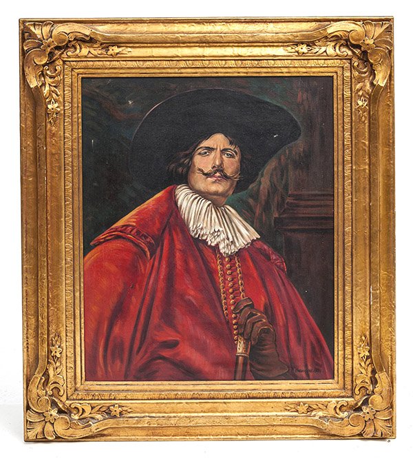 600x666 Large Oil On Canvas Painting Of A Cavalier In Red Signed F - Cavalier Painting