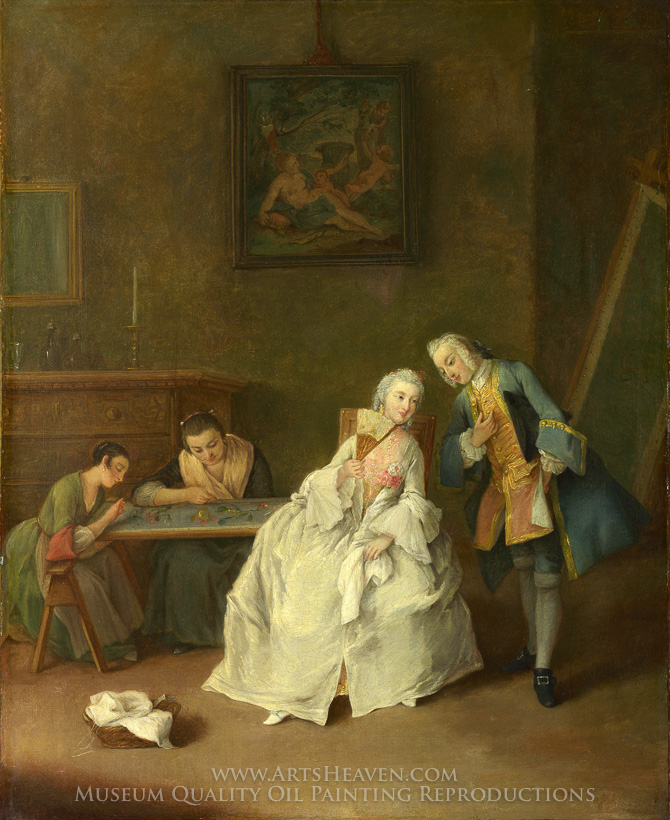 670x820 Reproduction Painting Pietro Longhi A Lady Receiving A Cavalier - Cavalier Painting