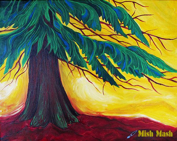570x454 Tree Wall Art Cedar Tree Living Room Decor Home By Mishmashart - Cedar Tree Painting