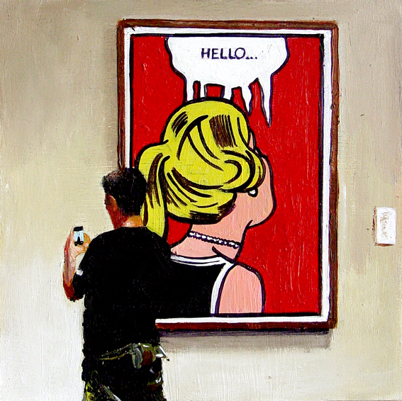 567x566 Hello Boy With Cell Phone In Front Of Painting By Roy - Cell Phone Painting