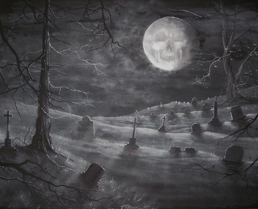 900x732 Skull Moon Cemetery Painting By Kara Norris - Cemetery Painting