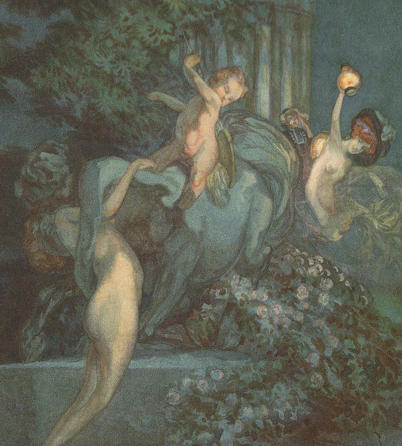 812x900 Centaur Nymphs And Cupid Painting By Franz Von Bayros - Centaur Painting