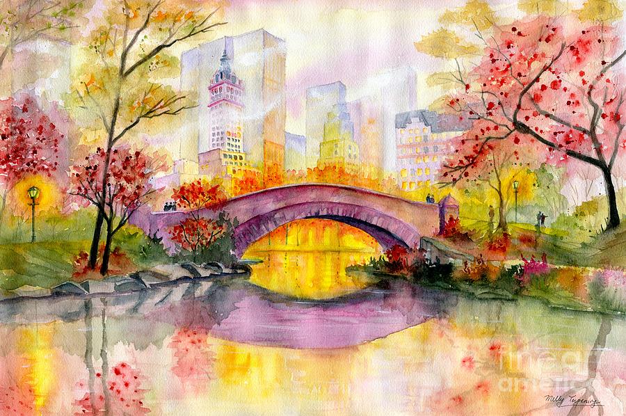900x598 Autumn At Gapstow Bridge Central Park Painting By Melly Terpening - Central Park Painting