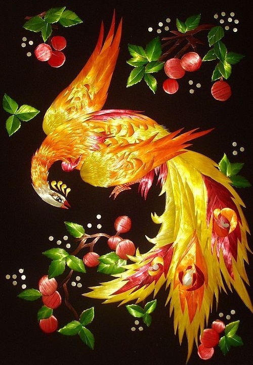 500x722 The Painting Is Made Of Pre Dyed Cereal Straw. Firebird - Cereal Painting