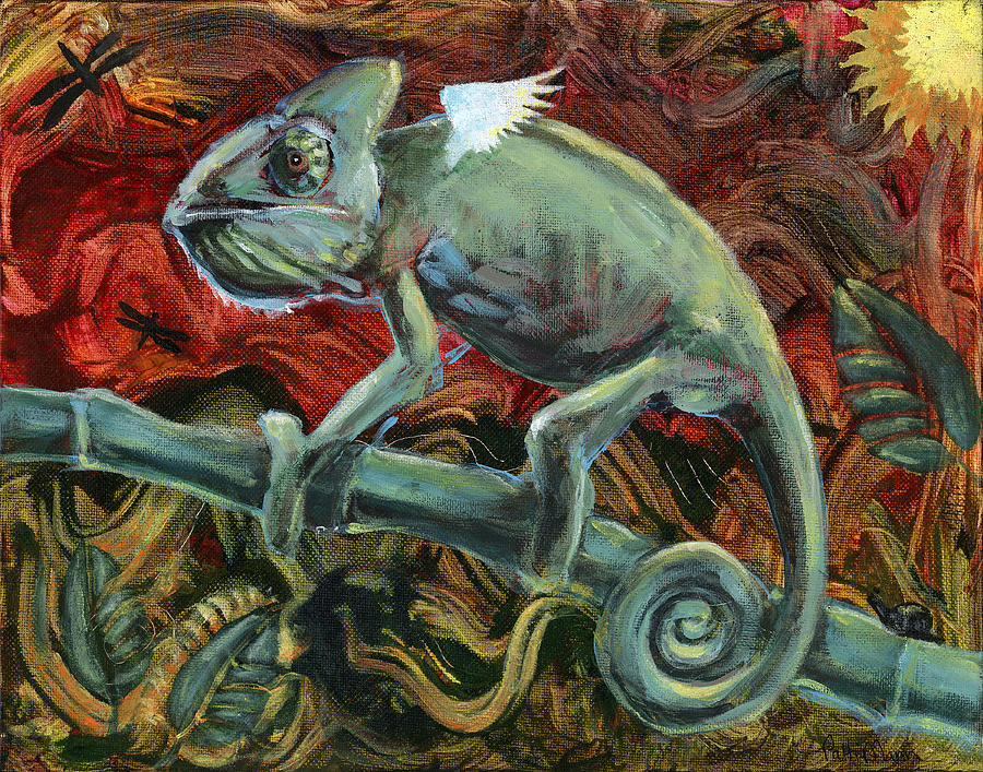 900x707 Flying Chameleon Painting By Patti Mann - Chameleon Painting