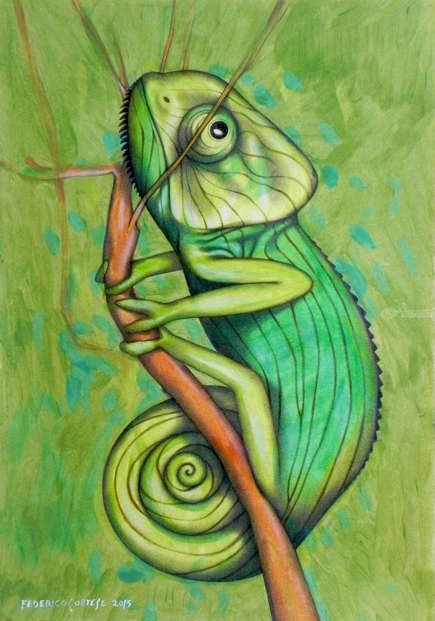 850x1214 Chameleon Paintings By Federico Cortese - Chameleon Painting