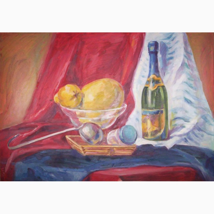 740x740 Still Life With A Bottle Of Champagne Oil Painting - Champagne Painting