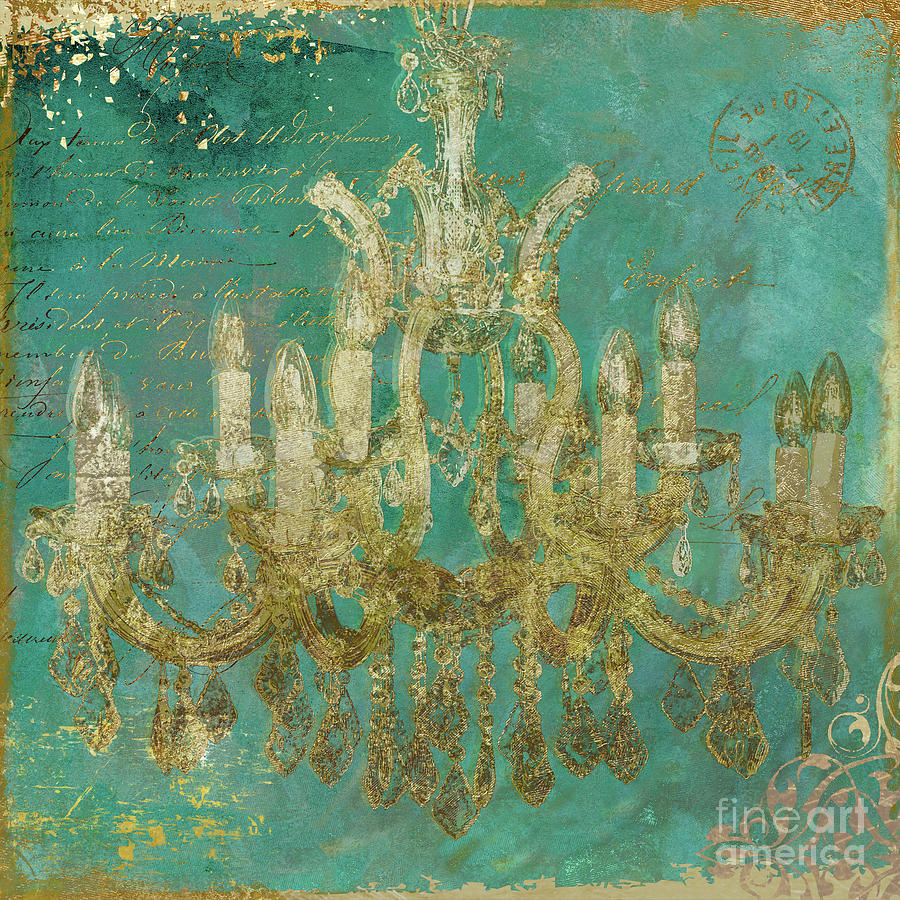 900x900 Peacock Gold Chandelier Painting By Mindy Sommers - Chandelier Painting
