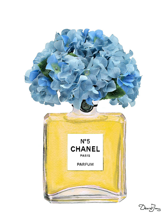 699x900 Chanel Perfume Nr 5 With Blue Hydragenias Painting By Del Art - Chanel Painting