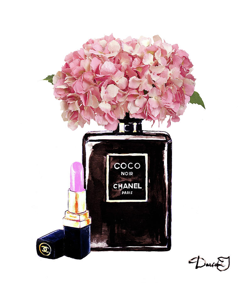 758x900 Chanel Perfume With Pink Hydragenia 2 Painting By Del Art - Chanel Painting