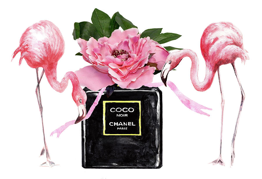 900x618 Chanel Noir Perfume With Flamingos Painting By Green Palace - Chanel Painting