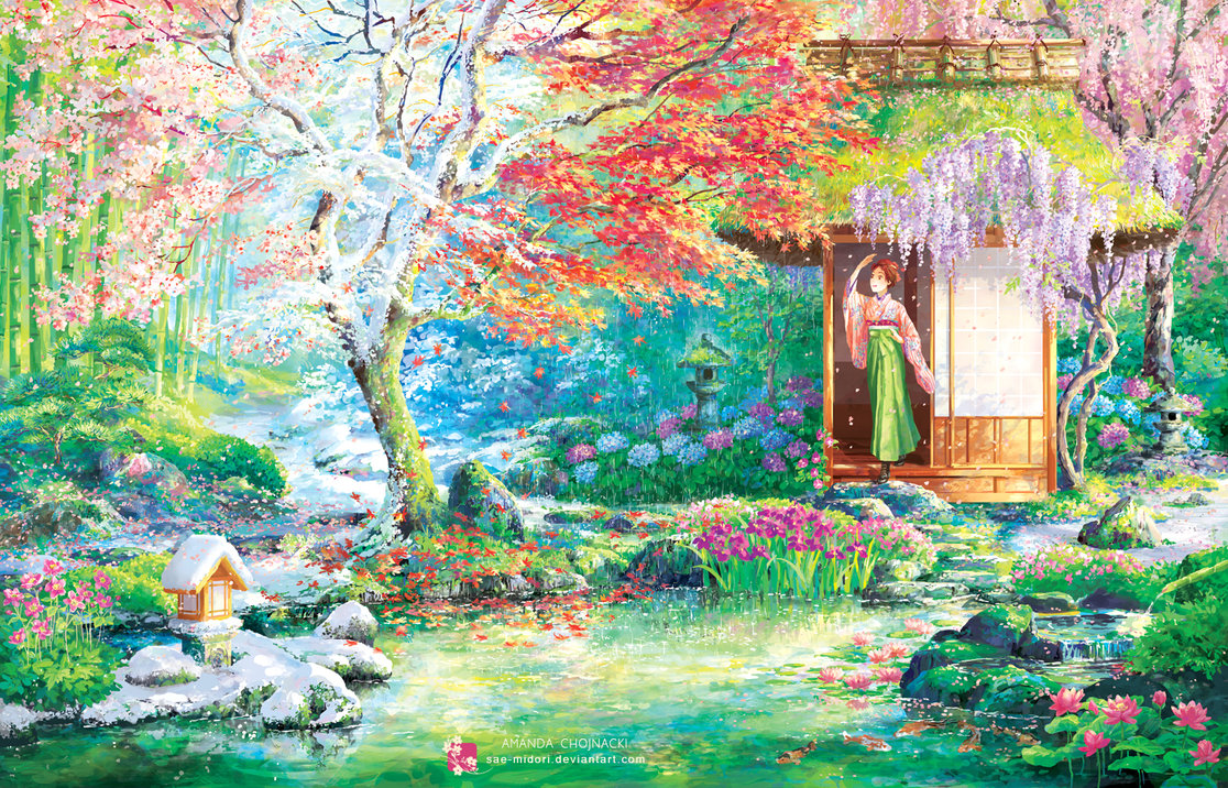 1116x716 The Garden Of Ever Changing Seasons By Sae Midori - Changing Seasons Painting