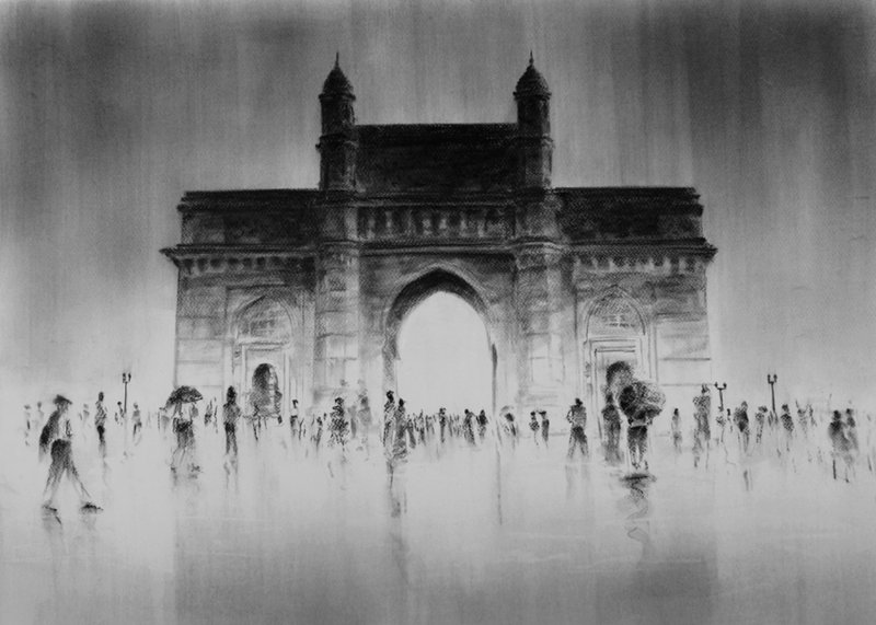 800x571 Gate Of India By Artist Mukhtar Kazi Cityscape Art Charcoal - Charcoal Painting Images