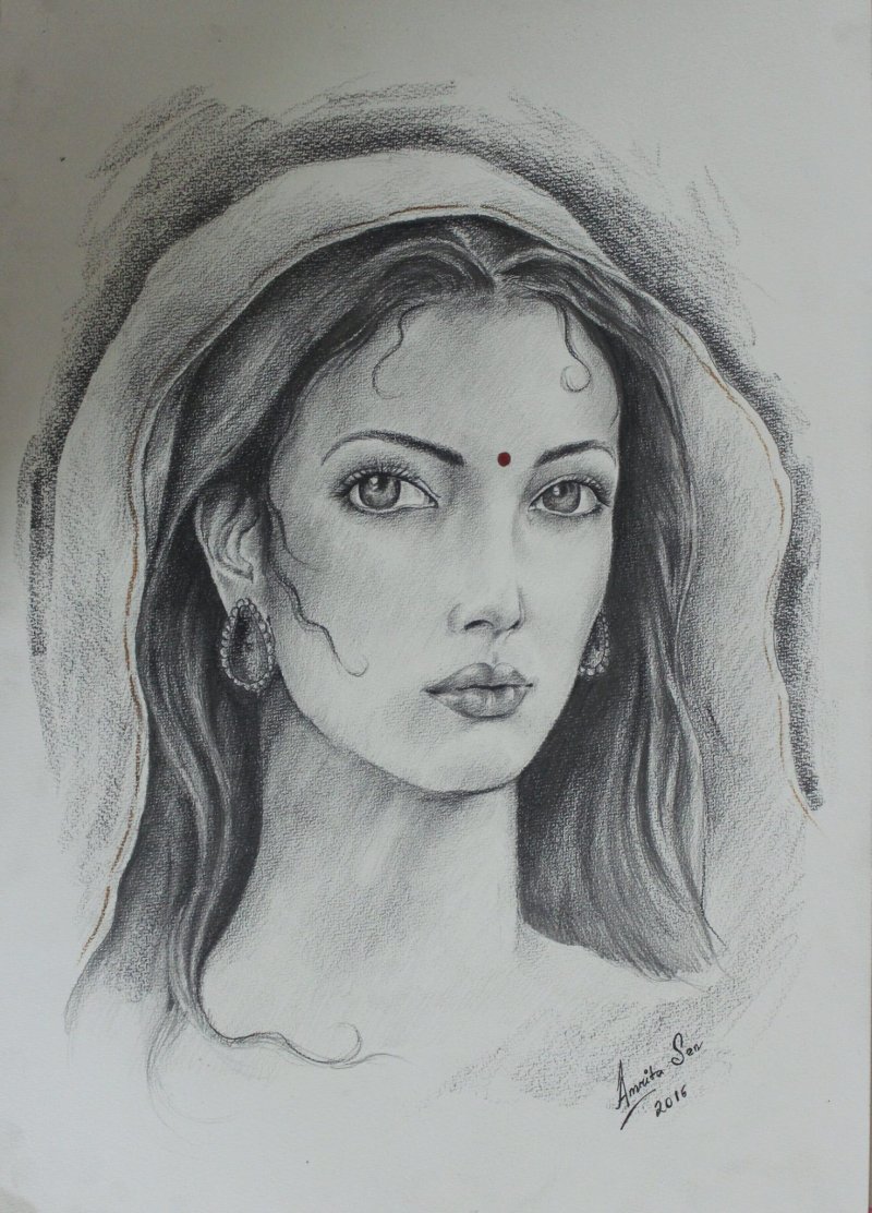 800x1112 Her Gaze By Artist Amrita Sen Portrait Art Charcoal Paintings - Charcoal Painting Images