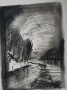 225x300 Roger Etienne Original Charcoal Drawing Black And White Landscape - Charcoal Painting Images