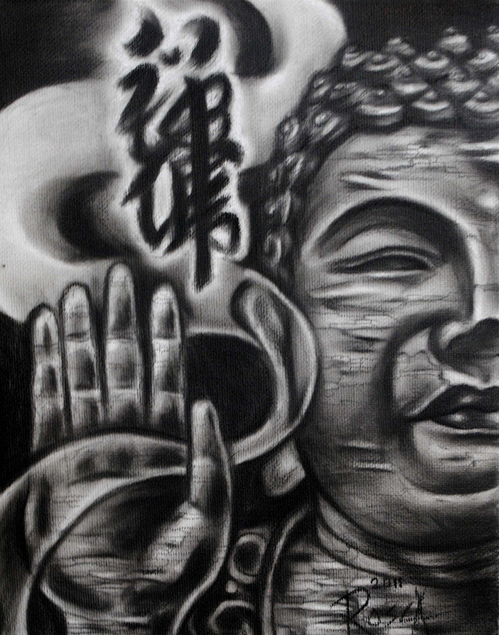 720x916 Charcoal Painting On Canvas 5x8 Buddha Bless You - Charcoal Painting On Canvas