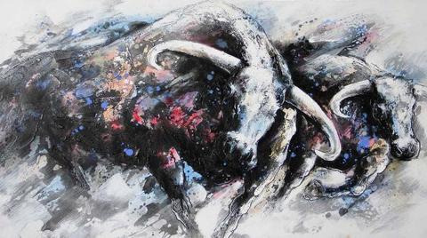 480x268 Charging Bulls Western Oil Painting With Gallery Wrap Amp Textured - Charging Bull Painting