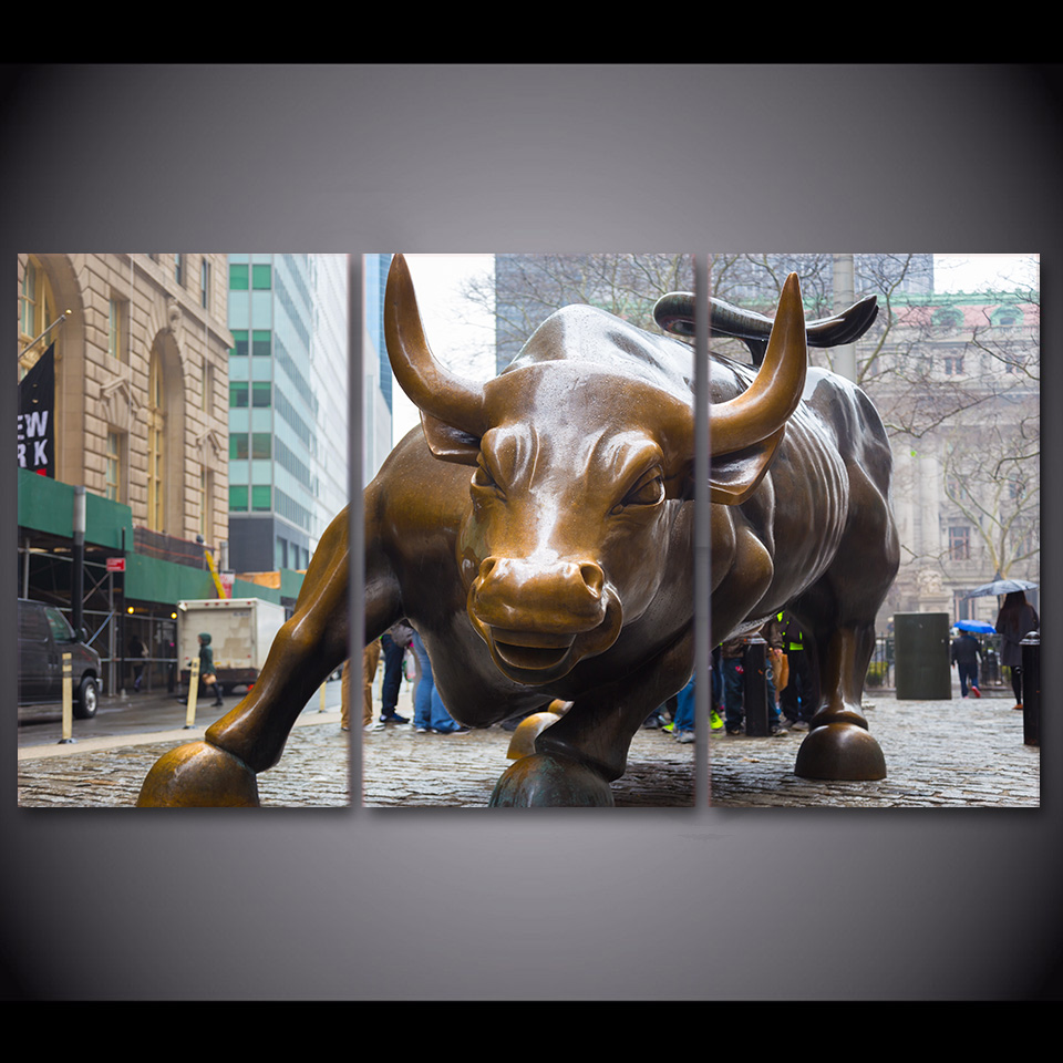 960x960 Hd Print 3 Piece Canvas Art Wall Street Bull Market New York - Charging Bull Painting