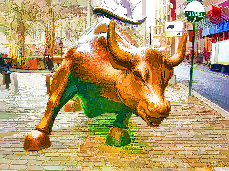 900x675 The Landmark Charging Bull In Lower Manhattan Painting By Jeelan Clark - Charging Bull Painting