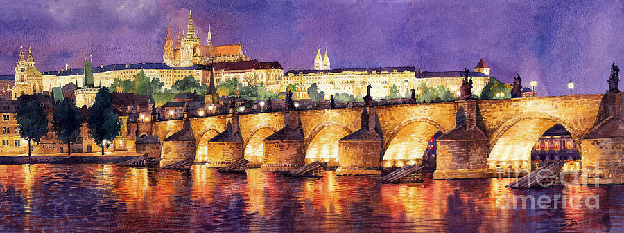 900x337 Prague Night Panorama Charles Bridge Painting By Yuriy Shevchuk - Charles Bridge Painting