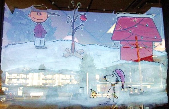 591x383 Classy Glass Window Painting - Charlie Brown Christmas Painting