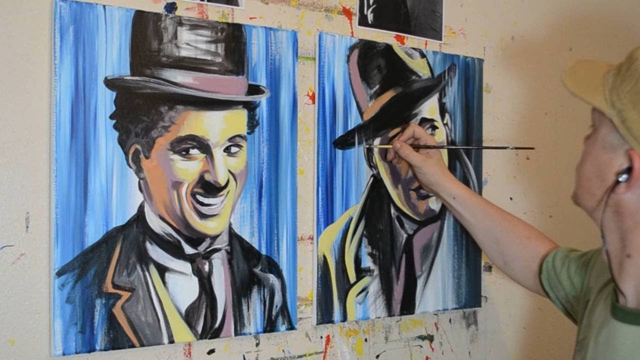 1280x720 Painting Charlie Chaplin And Humphrey Bogart - Charlie Chaplin Painting