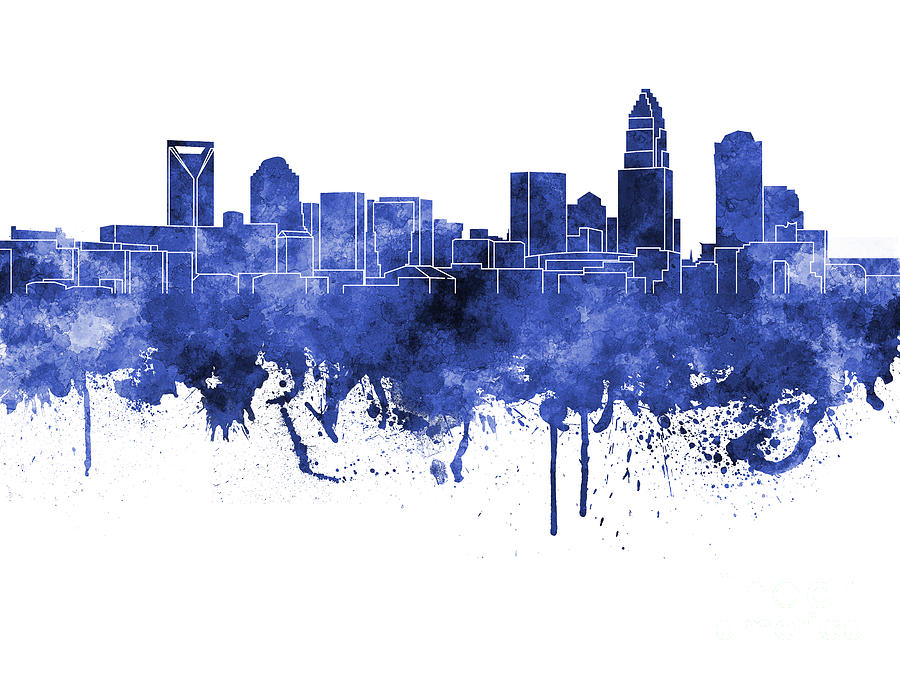 900x675 Charlotte Skyline In Blue Watercolor On White Background Painting - Charlotte Painting