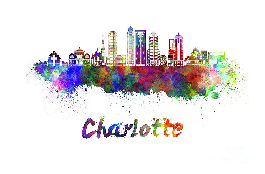 900x590 Charlotte Skyline In Watercolor Painting By Pablo Romero - Charlotte Skyline Painting