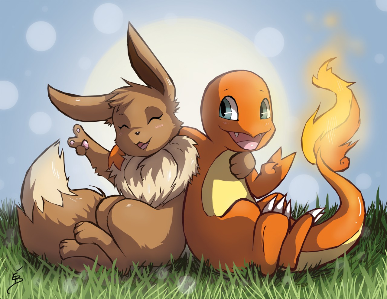 1280x989 Commission] Eevee And Charmander Painting By Thestraybird - Charmander Painting