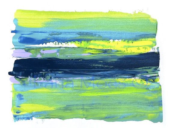 570x428 Abstract Navy, Teal, Green, Chartreuse Neon Acrylic Original - Chartreuse Painting